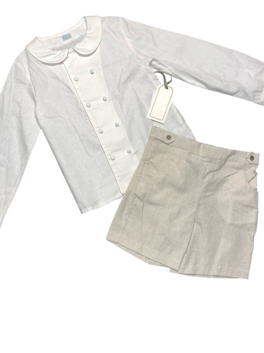 Edgehill Collection Peter Pan Long Sleeve Shorts Set White Checkered NWT Boys 7